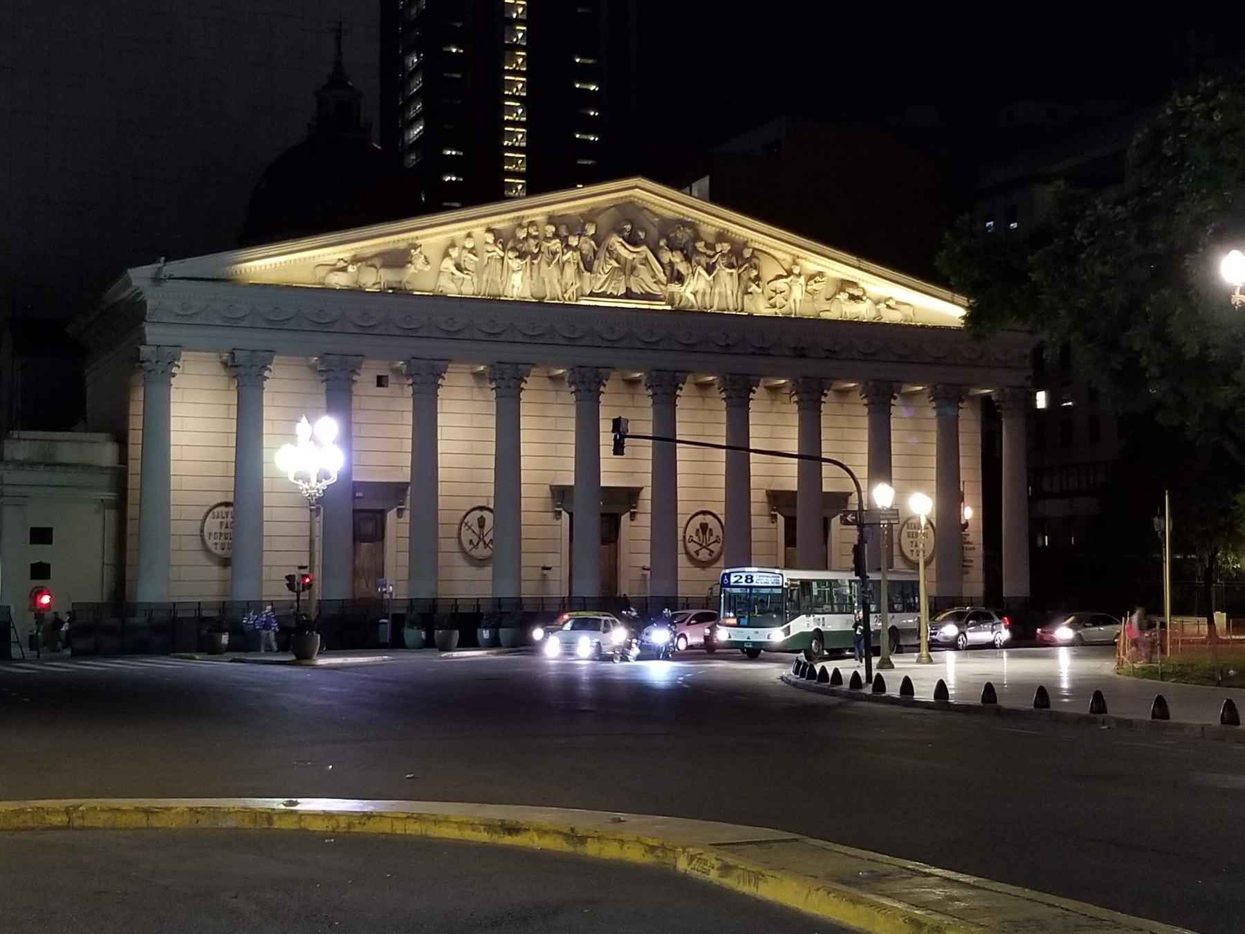 Illuminated Metropolitan Cathedral in Plaza de Mayo at night