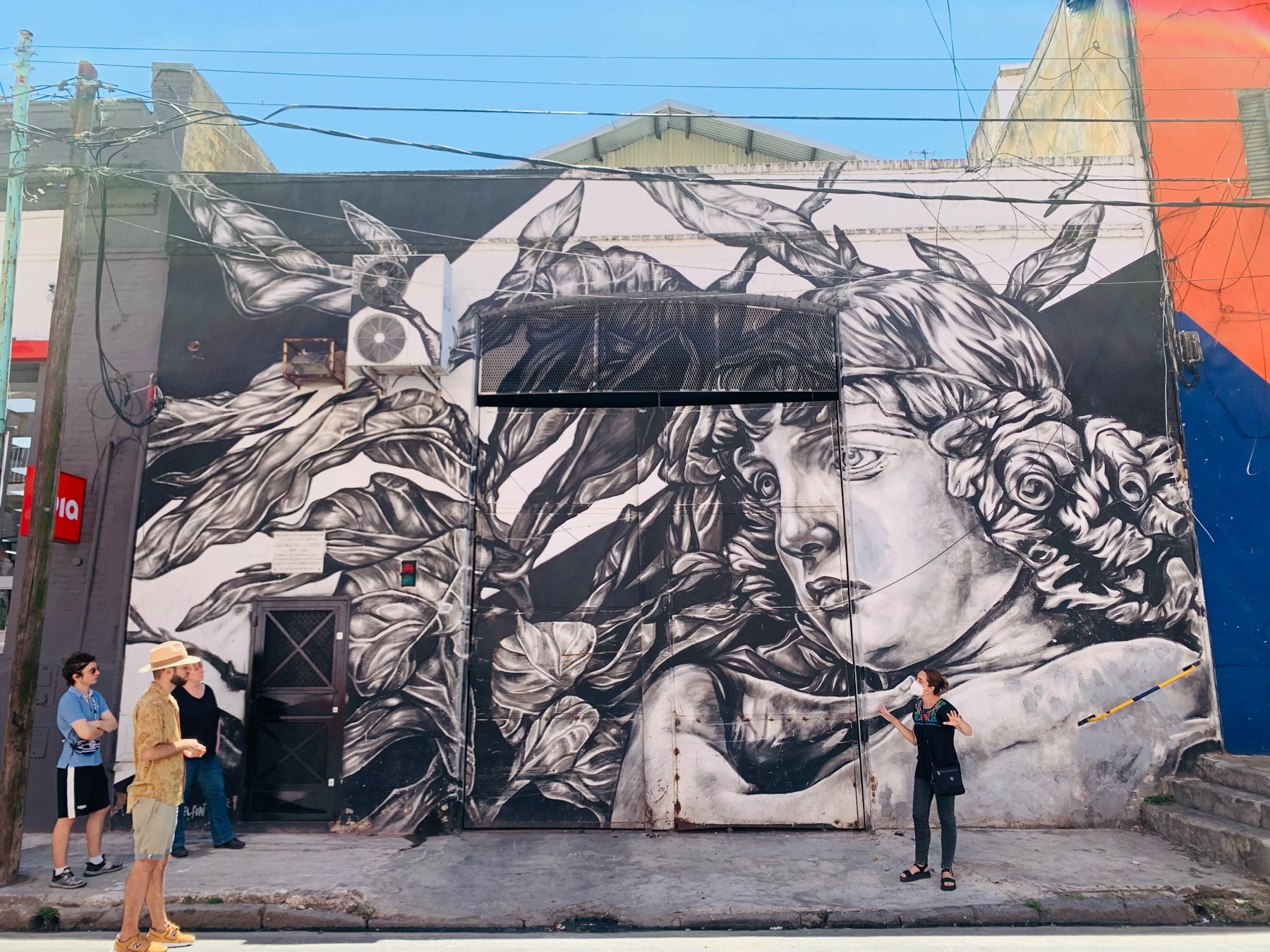 Black-and-white street art mural in Buenos Aires